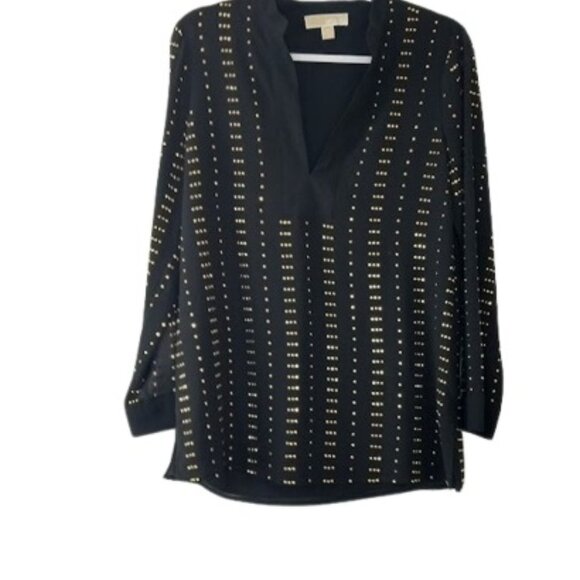 MICHAEL Michael Kors Womens Blouse Black Gold Studded V Neck M - Picture 1 of 3